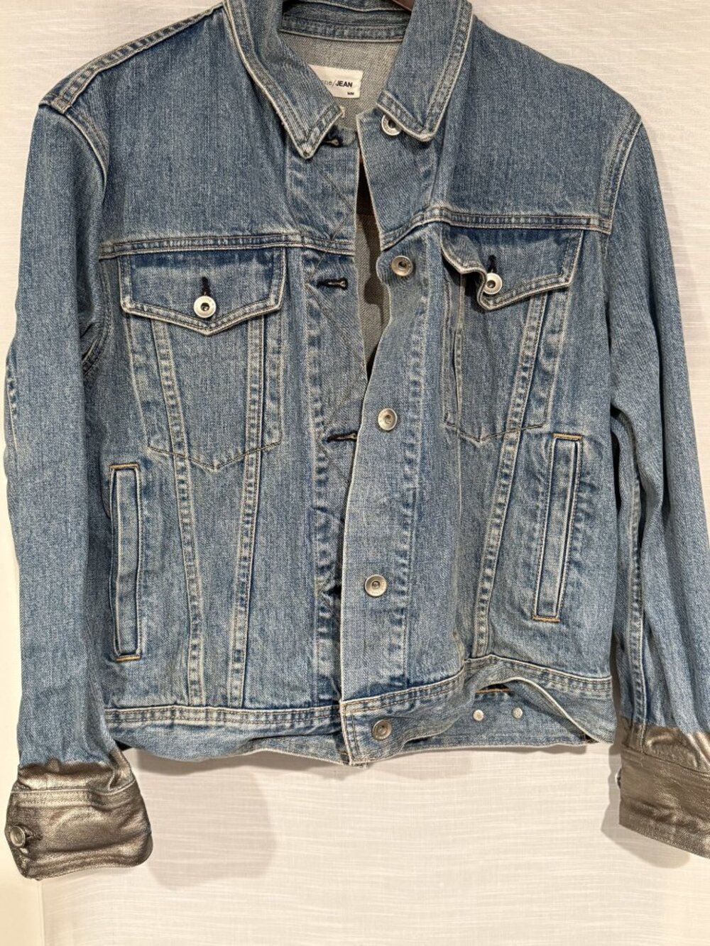rag & bone JEAN Denim Trucker Jacket Metallic Leather Cuffs Size M